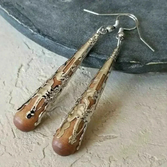 Handcrafted Victorian Filigree Wood Long Teardrop Shaped Earrings - Picture 1 of 8